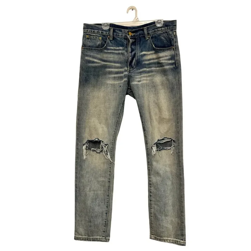 mnlm Grunge Distressed Straight Leg Button Fly Jeans Denim Men’s 34x30 Thrashed